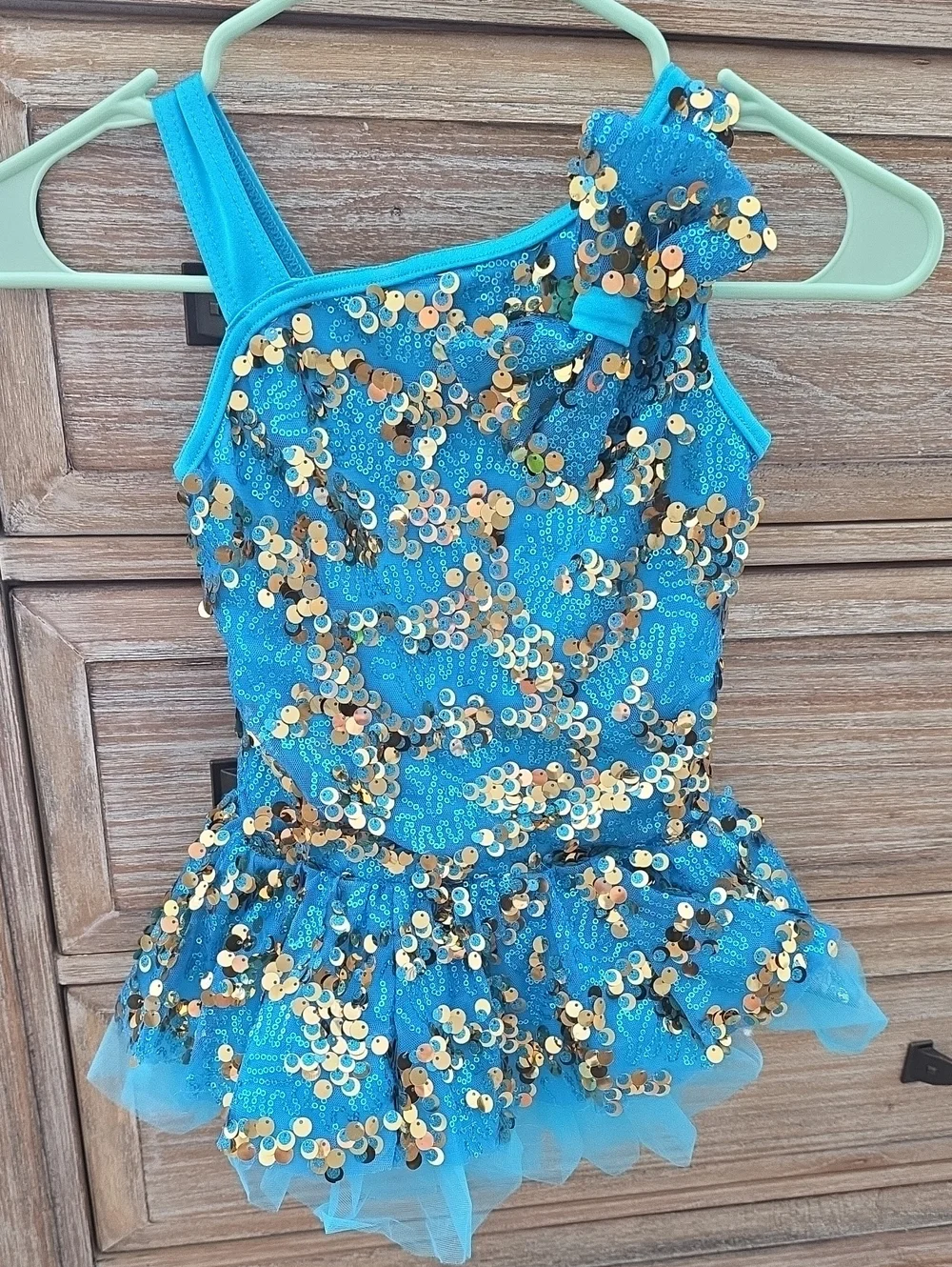 Weissman Aqua Blue Sequin Tutu Dance Costume with Gold Accents